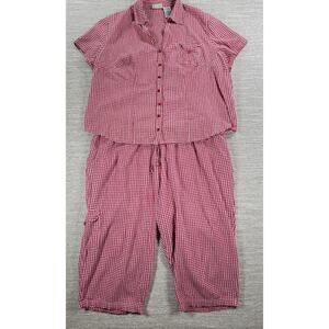 Vintage White Stag Shirt Capri Set Womens 2XL Red Gingham Button Down Pockets